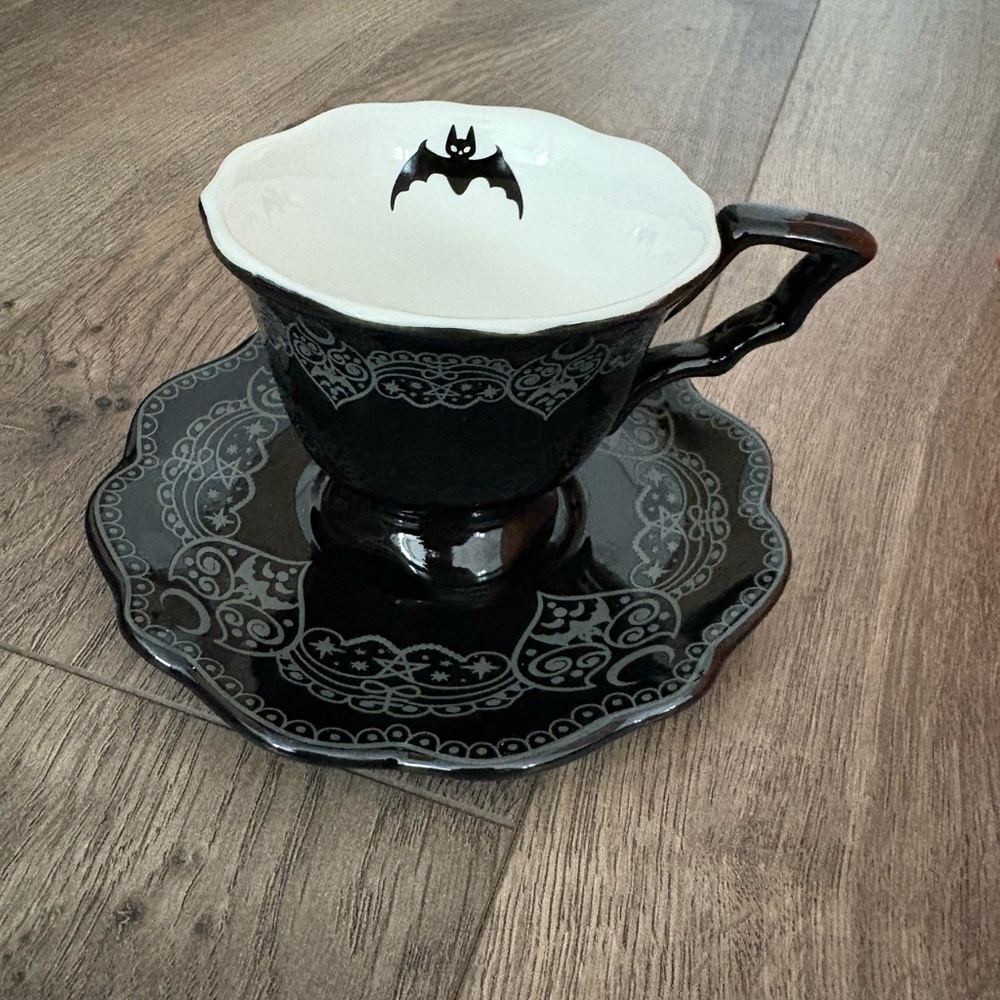 Killstar Black and White Bat Teacup and Saucer Set